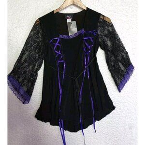 Dare To Wear Purple/Black Lace Up Bell Lace Sleeve Gothic Top Women's Size M NEW